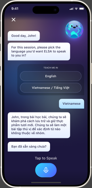 โหมดการสอนแบบสองภาษา ในแอป ELSA Speak