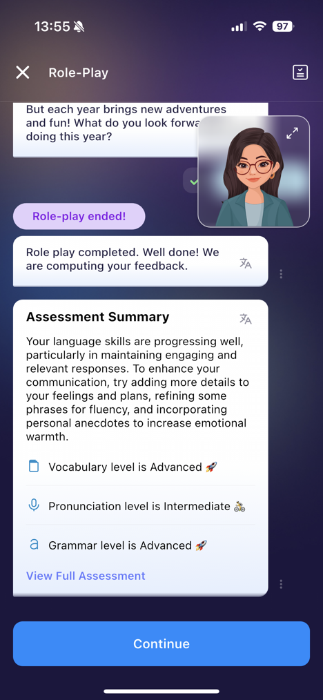 หน้าจอสนทนาสวมบทบาทกับ AI ในแอป ELSA Speak