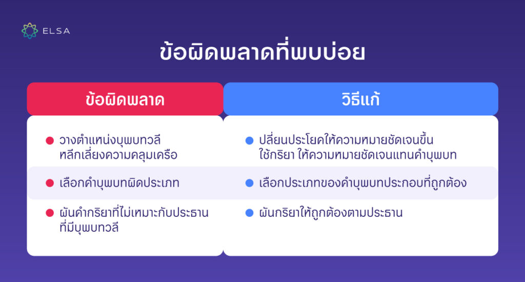 ข้อสังเกตเมื่อใช้บุพบทวลีและข้อผิดพลาดที่เจอบ่อย