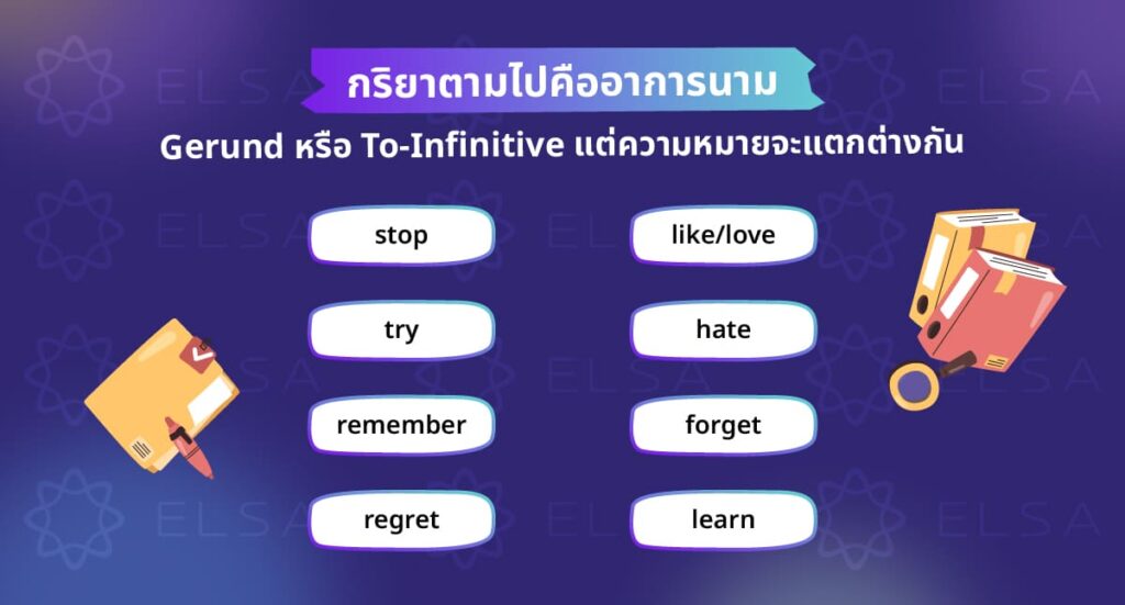 กริยาที่ตามมาสามารถเป็น Gerund หรือ To-Infinitive ก็ได้ แต่ความหมายจะแตกต่างกัน