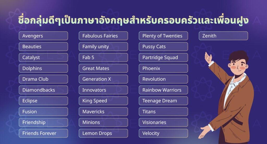 ชื่อกลุ่มดีๆเป็นภาษาอังกฤษสำหรับครอบครัวและเพื่อนฝูง 