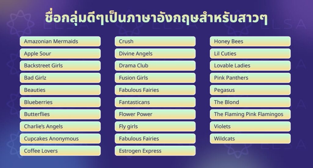 ชื่อกลุ่มเท่ๆ ผู้หญิง เป็นภาษาอังกฤษ