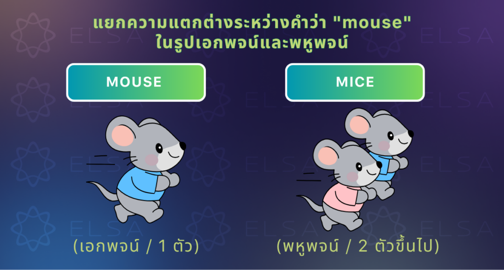 Mouse เป็นคำนามเอกพจน์ (หนู 1 ตัว) Mice เป็นคำนามพหูพจน์ (หนู 2 ตัวขึ้นไป)