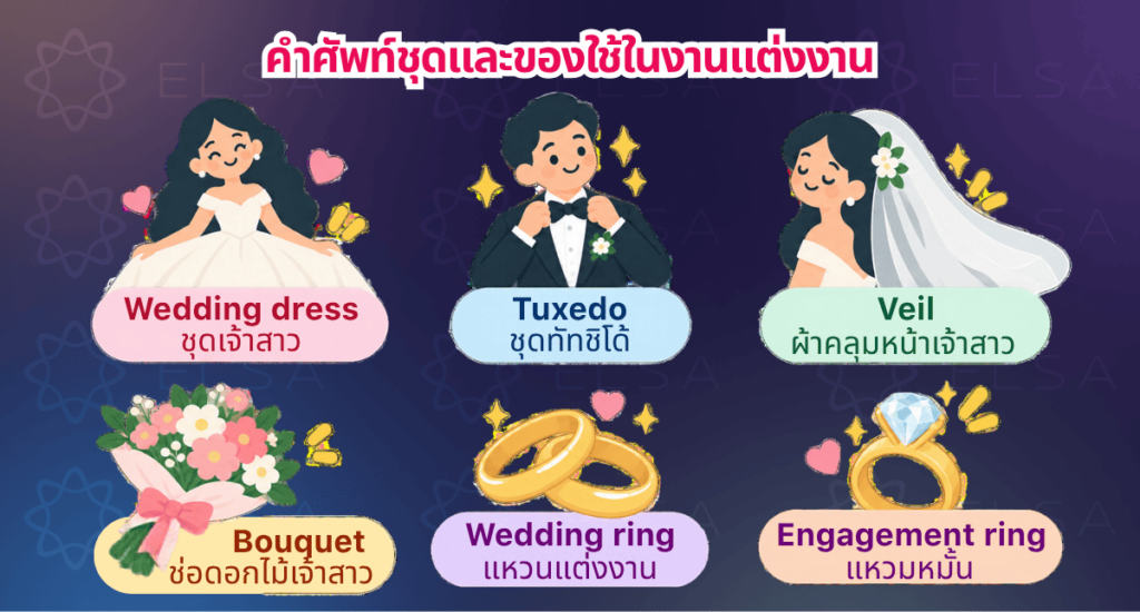 ชุดแต่งงานและแอคเซสซอรี่ในวันแต่งงานภาษาอังกฤษ